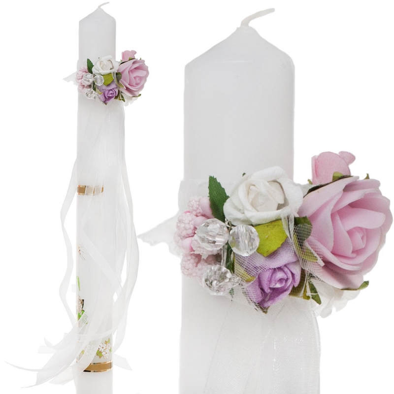 dekoracja na świecę profitka z kryształkami i różowym kwiatkiem